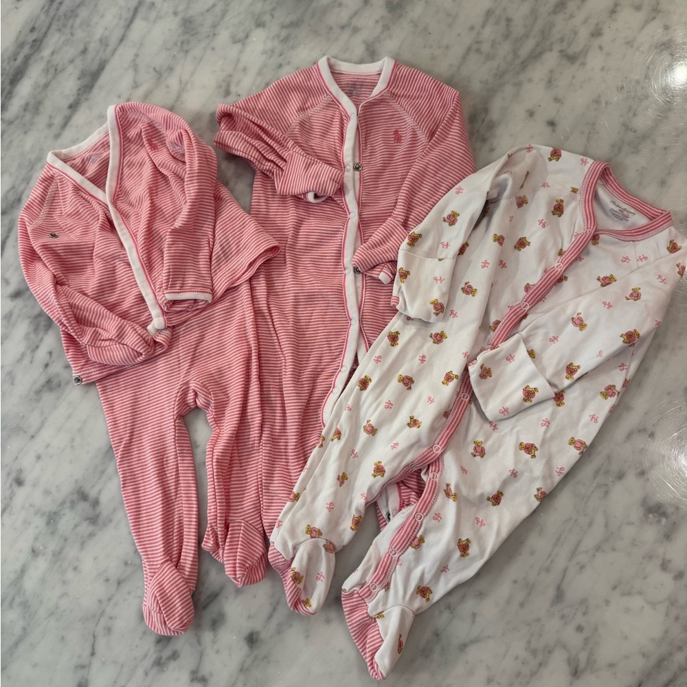 Ralph Lauren Pink Striped & Floral Footed One-Pieces